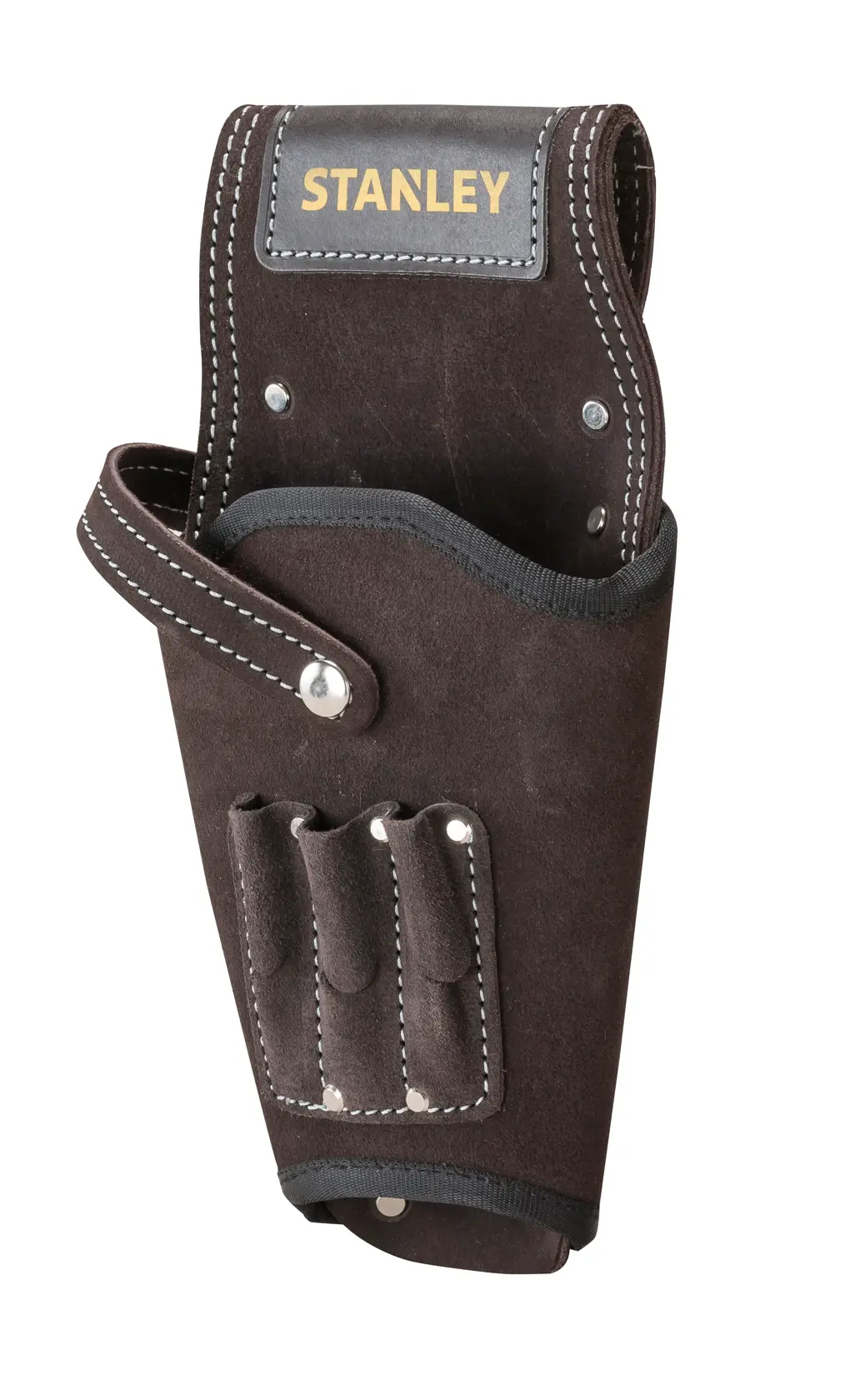 STANLEY STST1-80118 black suede tool holster, front angle on white background.