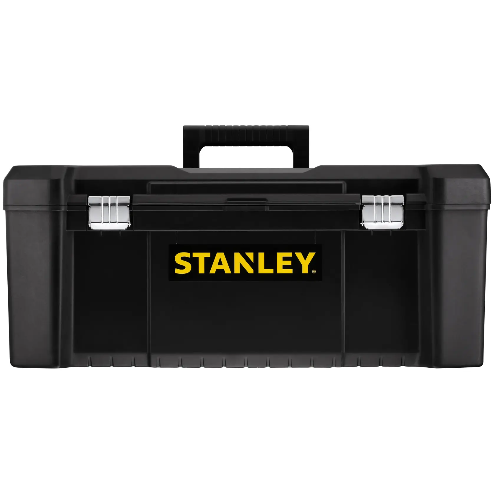 STANLEY STST82976-1 black plastic toolbox with handle, front view, photography on white background.