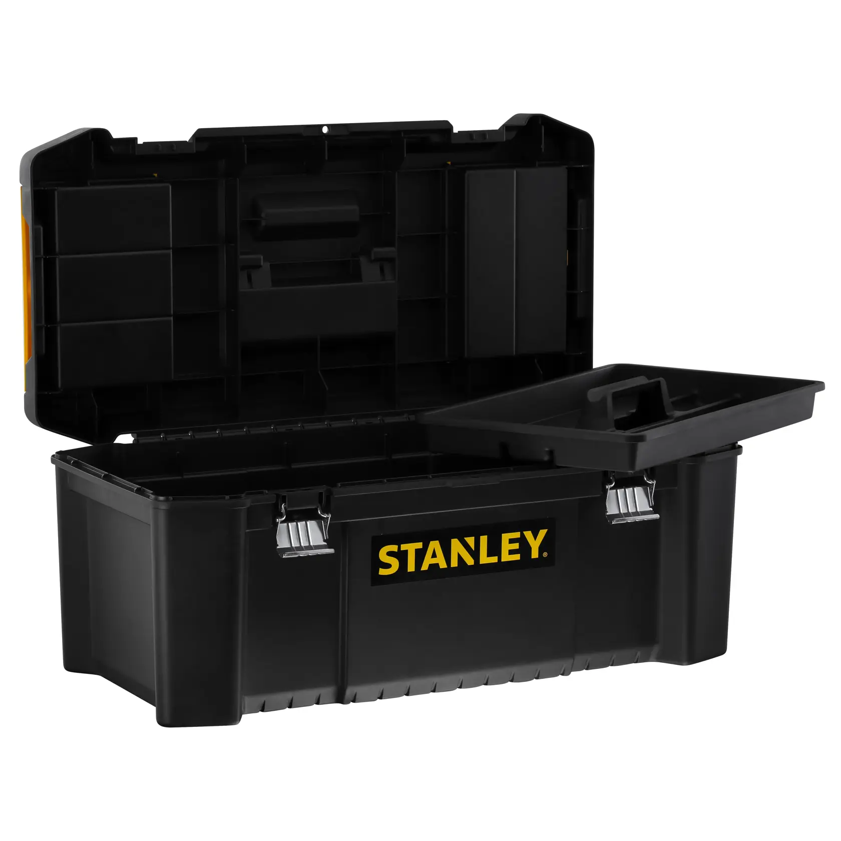 STANLEY STST82976-1 black plastic toolbox with open lid, removable tray, and silver latches, front angle.