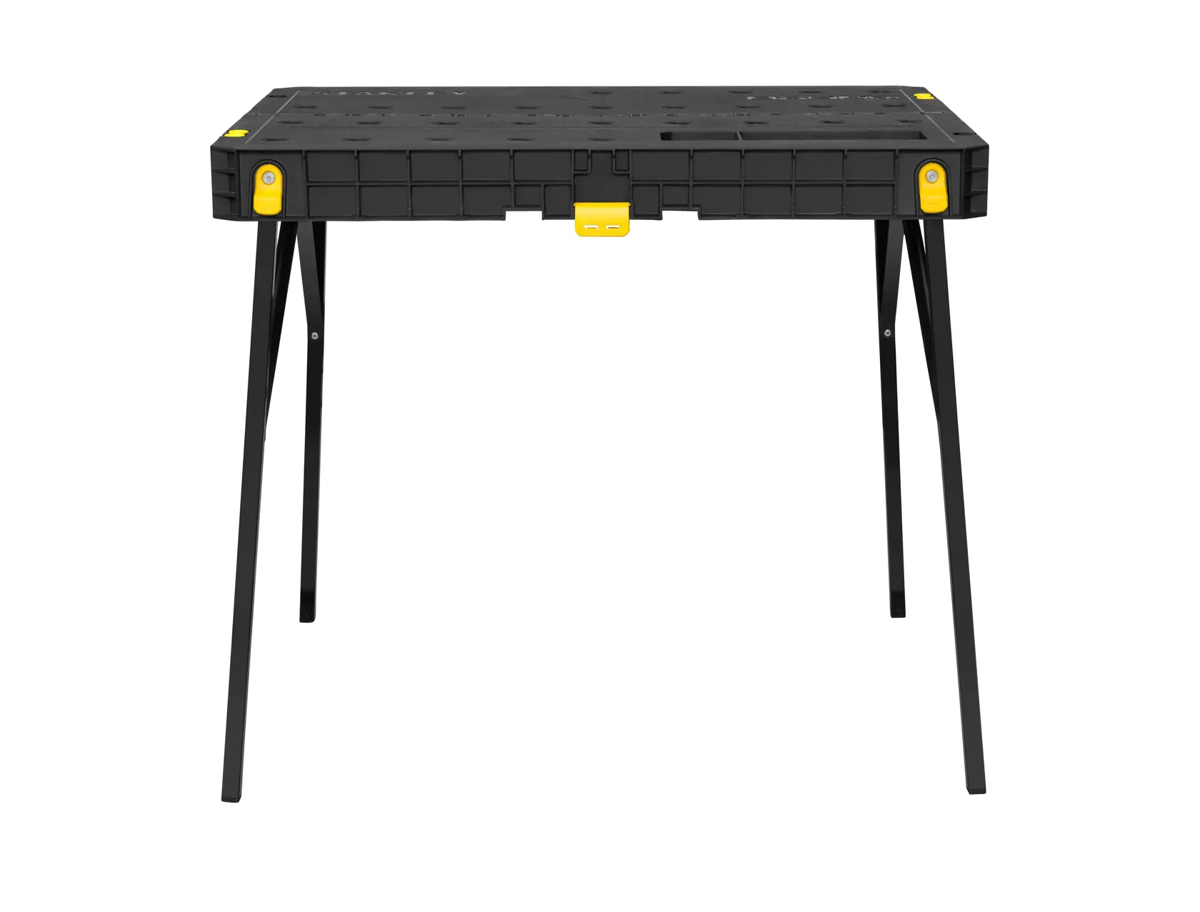 STANLEY STST83492-1 black foldable work table with yellow latches, front angle on white background.