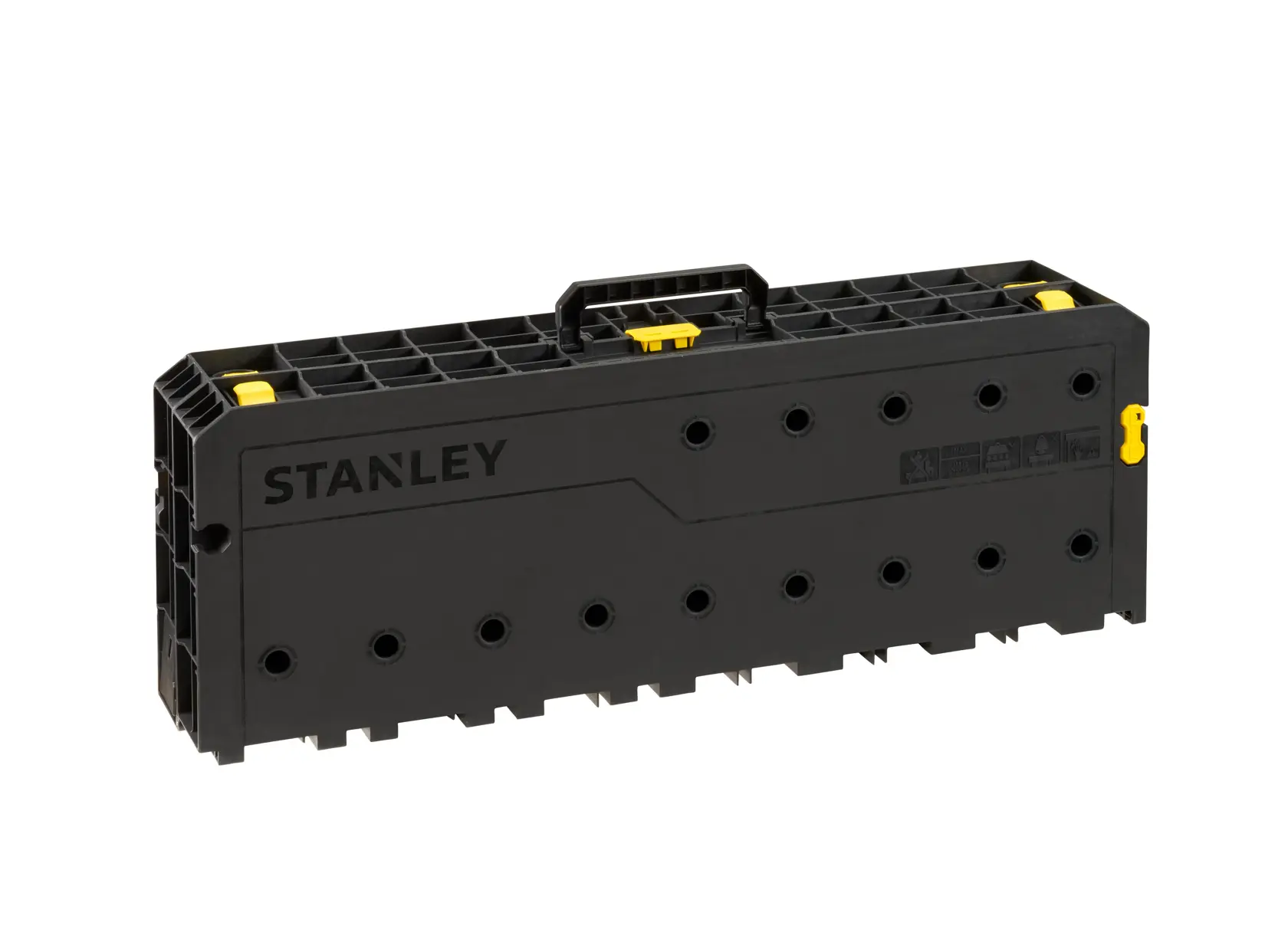 Photo of STANLEY STST83492-1 black plastic tool organizer, front angle, yellow latch, handle on top.