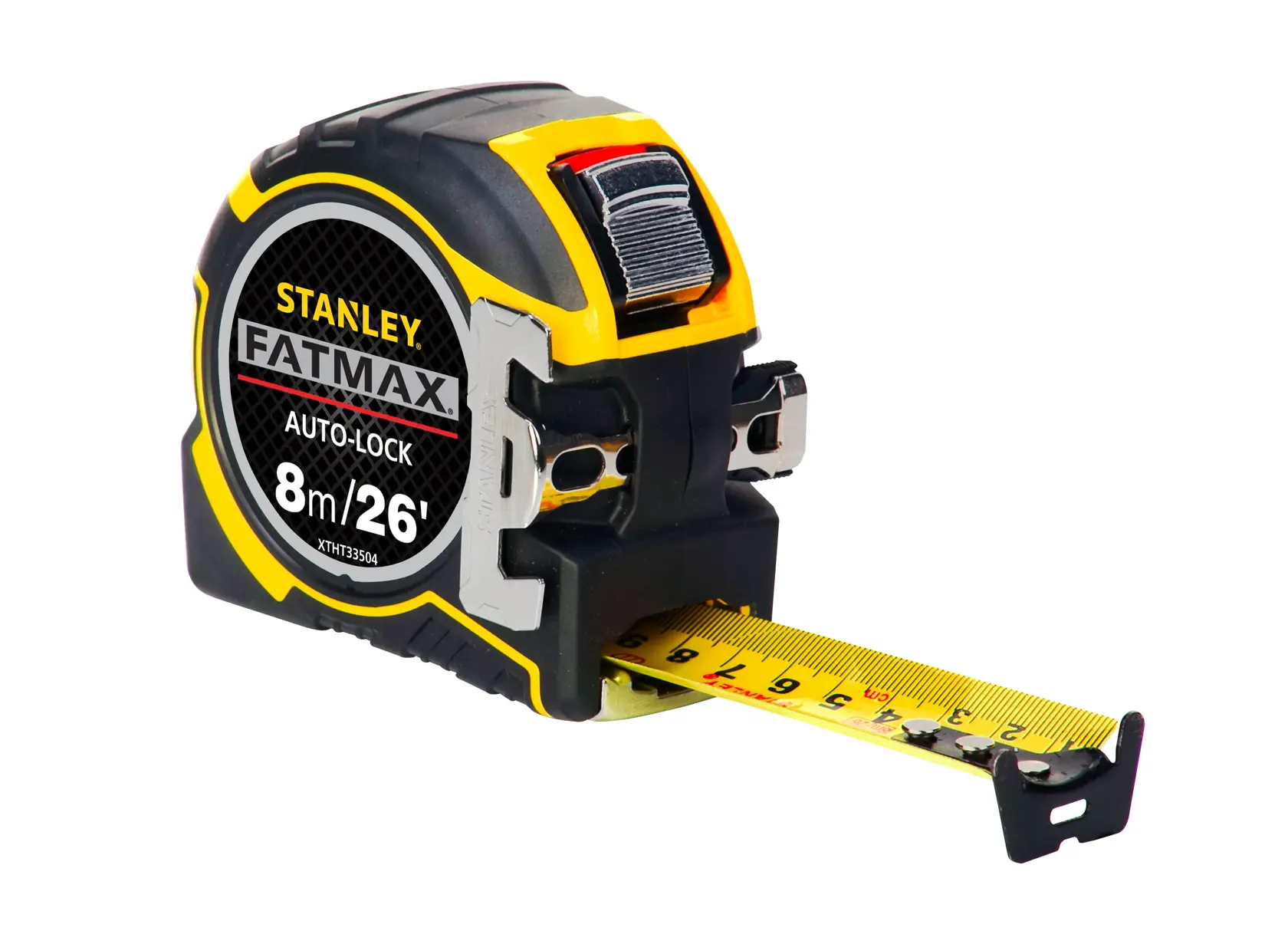 Photo of STANLEY XTHT0-33504 FATMAX 8m/26' auto-lock tape measure, black and yellow, side angle.